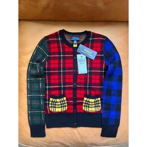 NWT $175 Polo Ralph Lauren Girls 100% Wool Christmas Plaid Cardigan 8-10Y Med